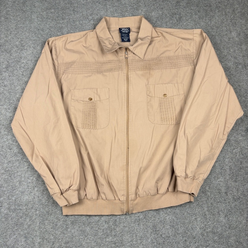 90s John Blair Bomber Jacket Mens Large Tan Pleated Pocket Zip Front Lightweight